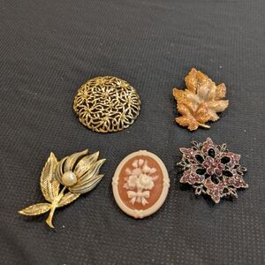 Vintage Floral Brooch Collection in Gold and Silver Tone Set Of 5